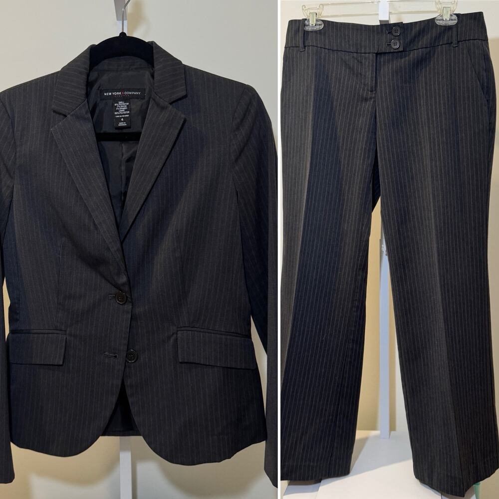 New York & Company Women Pinstripe Blazer & Pants Suit Size 4 Grey Career Work